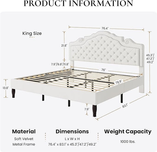 SHA CERLIN King Size Bed Frame with Adjustable Headboard/Velvet Upholstered/Diamond Button Tufted and Metal Studs/No Box Spring Needed/Sturdy Wood Slat Support/Easy Assembly/White