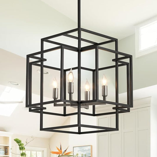 4-Light Farmhouse Chandeliers for Entryway, Industrial Foyer Lighting Fixtures, Foyer Chandeliers for High Ceilings, Modern Pendant Lights for Staircase Dining Room Kitchen Island, Black & Silver