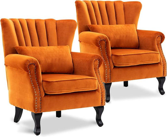 Accent Reading Arm Chairs Set of 2 Midcentury Modern Comfy Corner Sofa Chair, Wingback Waiting Room Club Chair with Tufted Back for Living Room/Bedroom/Reception Room, Velvet Orange
