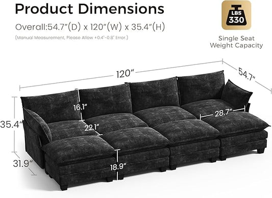 KKL 120" Huge Modular Sectional Sofa Bed, 8 Seater Convertible J/L/U-Shaped Sleeper Cloud Couch with Ottoman, Chenille Sectional Couches for Living Room, Apartment, Black