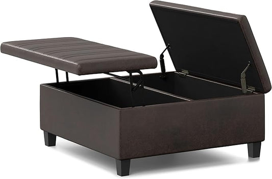 SIMPLIHOME Ellis 36 inch Wide Contemporary Square Coffee Table Storage Ottoman in Distressed Brown Vegan Faux Leather, Assembled, for The Living Room and Bedroom