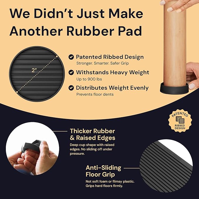CasterMaster Rubber Furniture Feet Caster Cups for Hardwood Floors - 2 in x 2 in Black Round (4-Pack) - Non-Slip Foot Pads & Sofa Grips
