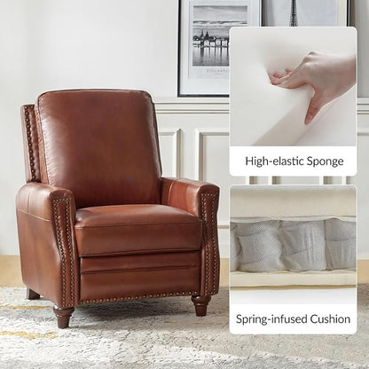 HULALA HOME Genuine Leather Manual Recliner Chair,Classic Push Back Reclining Armchair Sofa with Thick Seat, Adjustable Backrest & Nailhead Trim for Living Room Home Theater (Brown)