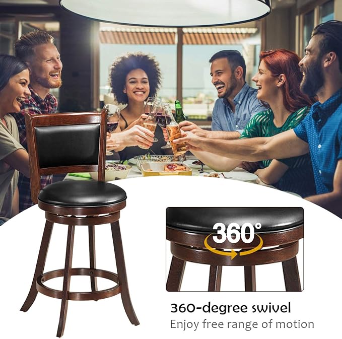 COSTWAY Bar Stools Set of 2, 360 Degree Swivel, Accent Wooden Swivel Seat Counter Height Bar Stool, Leather Upholstered Design, PVC Cushioned Seat, Perfect for Dining and Living Room (Height 24")