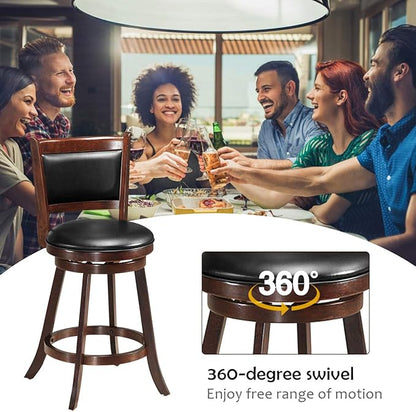 COSTWAY Bar Stools Set of 2, 360 Degree Swivel, Accent Wooden Swivel Seat Counter Height Bar Stool, Leather Upholstered Design, PVC Cushioned Seat, Perfect for Dining and Living Room (Height 24")
