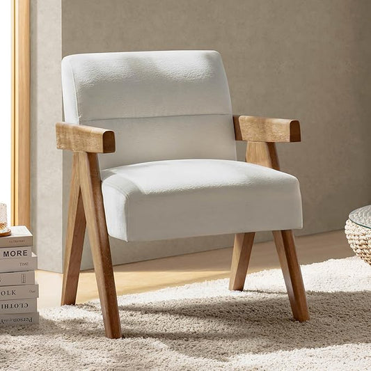 HULALA HOME Modern Accent Chair, Upholstered Arm Chair with Solid Wood Frame, Comfortable Padded Seat and Back, for Living Room, Bedroom, Ivory
