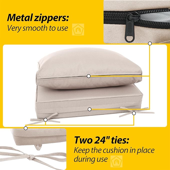 AAAAAcessories Outdoor Deep Seat Cushions, Waterproof, Fade-Resistant Patio Furniture Replacement Cushions, 24" x 24" x 5" + 24" x 13.5", Khaki Beige
