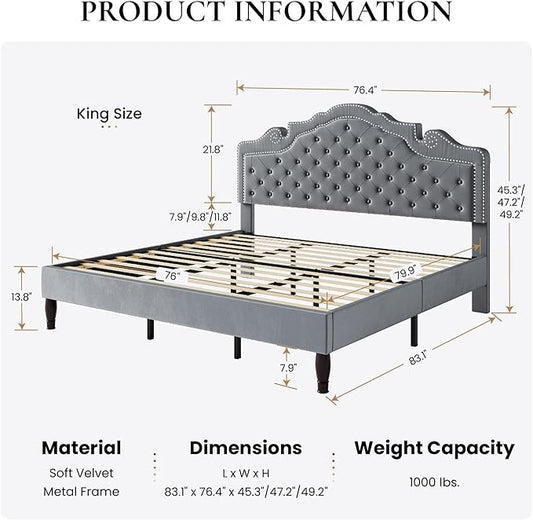 SHA CERLIN King Size Platfrom Bed Frame with Adjustable Headboard/Velvet Upholstered Diamond Button Tufted and Metal Studs/No Box Spring Needed/Easy Assembly/Woodenen Slat Support/Light Grey