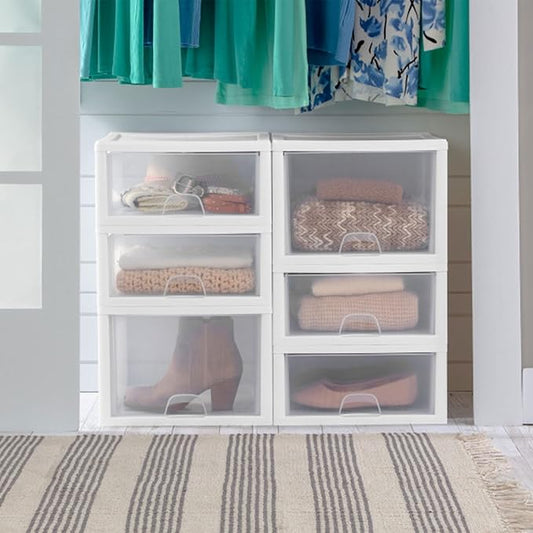 Sterilite 16-Pack 27 Quart Stacking Drawer, Clear Storage Closet Organizer, White Frame - Stackable Modular Plastic Drawers for Clothes, Accessories, Craft Supplies, Shoes or Linens