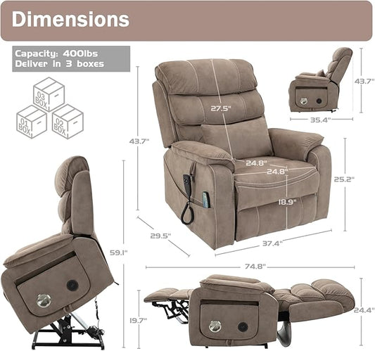Power Lift Recliner Chair for Adults Elderly Lay Flat Velvet Recliners with Massage Heating, Extended Footrest, Wireless Charging Device, USB Ports, Cup Holder, Lumbar Pillow