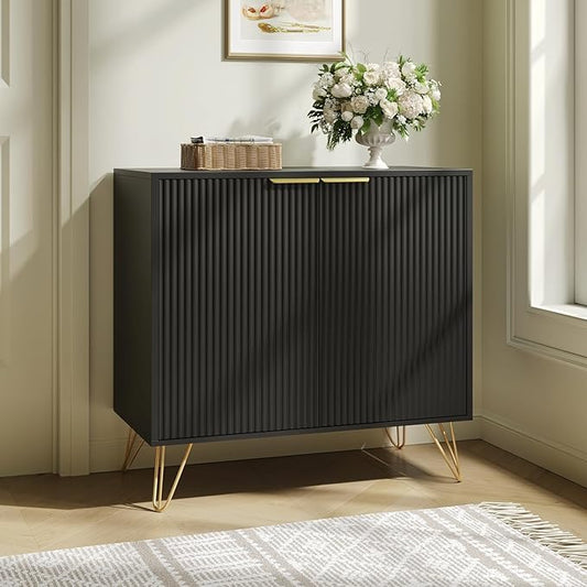 Fluted Storage Cabinet, 2 Doors Sideboard Buffet Cabinet, Modern Wood Accent Table with Adjustable Shelves, Console Table for Living Room, Hallway, Entryway, Black