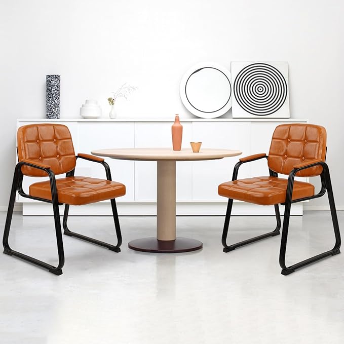 CLATINA Waiting Room Chairs with Padded Arms Leather Guest Chair no Wheels for Office Reception and Conference Desk with Sled Base Orange, 4PK