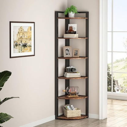 TRIBESIGNS WAY TO ORIGIN Corner Shelf, 70.9 Inch Tall Corner Bookshelf, 6 Tier Ladder Shelf with Metal Frames Multifunctional Modern Bookcase for Living Room, Home Office, Kitchen, Small Space (Brown)