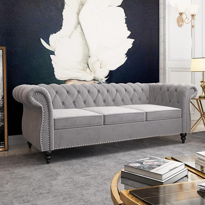 Chesterfield 3 Seater Sofa, Modern Velvet Tufted Couch 3 Seater with Rolled Arms and Nailhead Mid-Century Upholstered Couch for Living Room, Bedroom, Apartment and Office, Grey