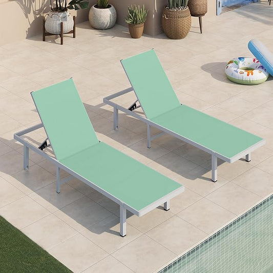 Pool Lounge Chairs Set of 2，Outdoor Lounge Chairs with Wheels and 5-Position Recliner -Easy to Move- Aluminum Patio Lounge Chair for Poolside, Deck (LightGreen)
