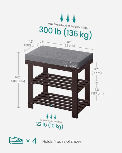 SONGMICS Bamboo Shoe Bench, 3-Tier Shoe Rack Organizer for Entryway, Living Room, Bench Seat Holds Up to 300 lb, 11.9 x 20.5 x 19.2 Inches, Rustic Walnut and Slate Gray ULBS504M01