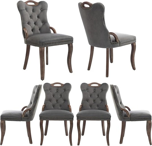 Velvet Dining Chairs Set of 6, Solid Wood Handles, Wooden Upholstered Dining Chair, Vintage Copper Nail Decoration, Mid Century Modern Kitchen Chair (Grey, Set of 6)