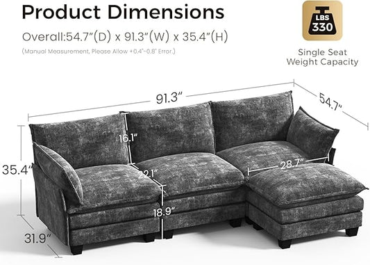 KKL Modular Sectional Sofa, L-Shaped 4 Seater Cloud Couch with Ottoman, Chenille Modern Sectional Couches for Living Room, Apartment, Grey