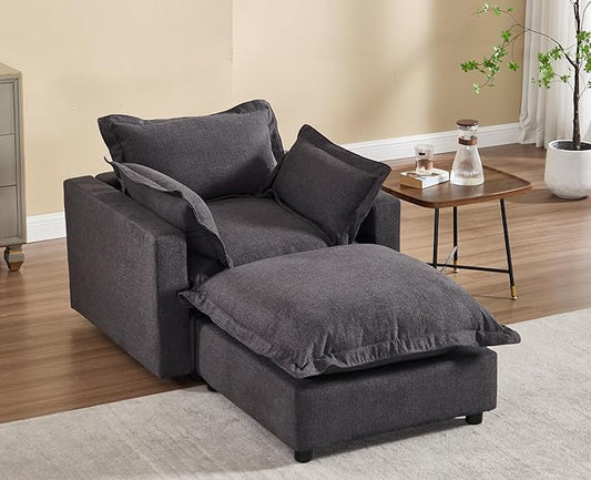 chairus 39.5" Chaise Lounge Chair Indoor with Ottoman, Upholstered Single Sofa Couch Chair Oversized Linen Fabric Reading Armchair for Living Room, Bedroom, Reception Room, Apartment, Black