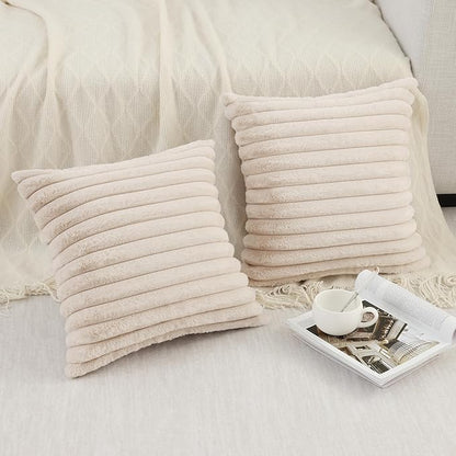 Pallene Faux Fur Plush Throw Pillow Covers 16x16 Set of 2, Luxury Soft Fluffy Striped Decorative Pillow Covers for Sofa, Couch, Living Room, Apricot
