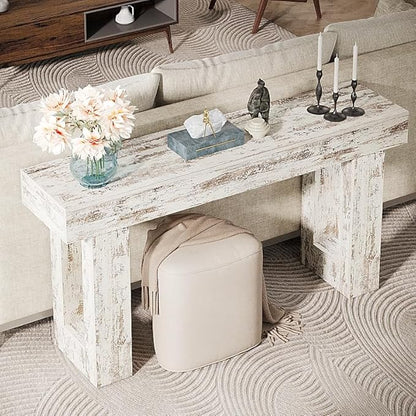 Tribesigns 63-Inch Long Console Table, Farmhouse Wooden Sofa Table Behind The Couch, Narrow Entryway Table for Entrance, Hallway, Living Room (Distressed White)