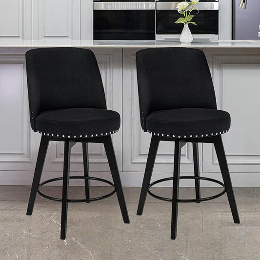 MINCETA Bar Stools Set of 2, 26 Inch Upholstered Barstools with High Back and Footrest, Swivel Counter Height Barstools for Kitchen Island Home Bar Black