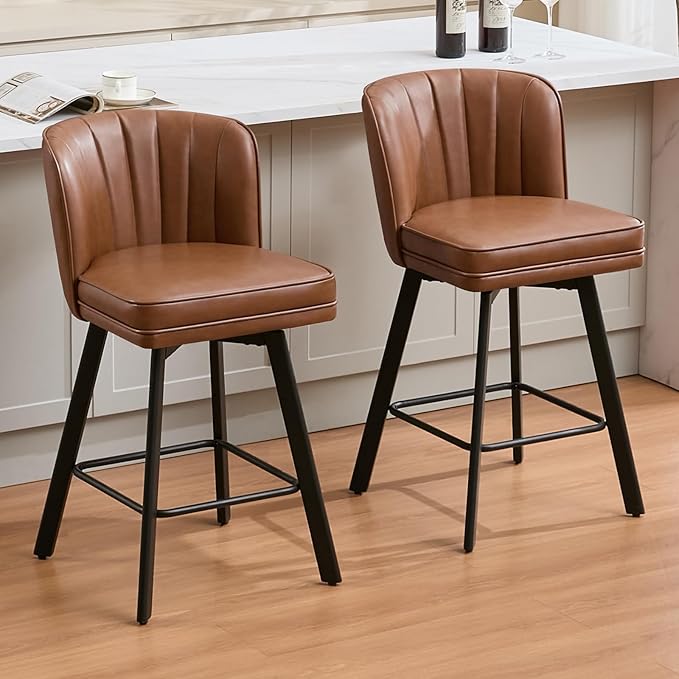 Swivel Counter Height Bar Stools Set of 2, 26'' Modern Barstools with Backs and Metal Legs, Upholstered Bar Chairs, Faux Leather Dark Brown Stools for Kitchen Island Chairs