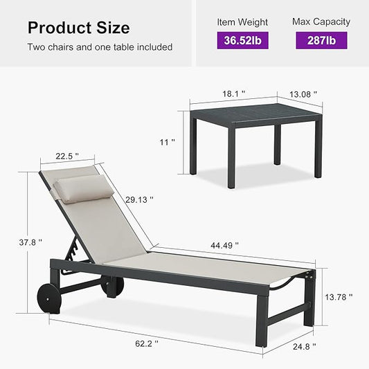 PURPLE LEAF Patio Lounge Chair Set of 3 Outdoor Chaise Lounger Aluminum Frame with Side Table and Wheels for Pool Outside Sunbathing Tanning Recliner Including Pillows Beige