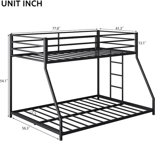 Bellemave Twin Over Full Bunk Bed Frame with Convertible Ladder, Heavy Buty Floor Bunk Bed Twin Over Full Bunk Beds with Full Length Guardrail, Black