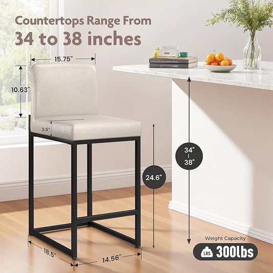 ALPHA HOME 24 Inch Bar Stools, Kitchen Counter Stools with Backs, PU Leather Barstools, Kitchen Stools with Back&Upholstered Footrest, Sturdy Chromed Metal Steel Frame, Light Gray