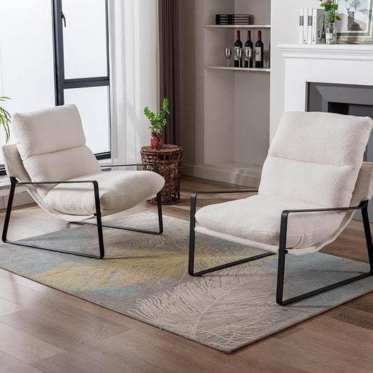 Mid-Century Accent Chair Set of 2, Comfy Sherpa Fabric Side Chair with Armrest, Upholstered Leisure Chair with Black Metal Frame for Living Room Bedroom Reception Room, White
