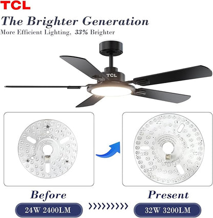 TCL Ceiling Fans with Lights, 52 Inch Ceiling Fan with Light and Remote Control, Reversible DC Motor, Noiseless, Dimmable 36W LED, Modern Ceiling Fan for Bedroom Living Room (Black)