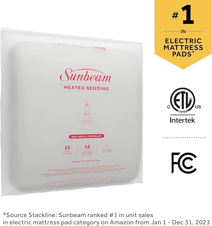 Sunbeam Electric Heated Mattress Pad Restful Quilted Extra-Cozy Fabric 12 Heat Settings 12-Hour Auto Shut-Off Deep Pocket Fit Machine Washable King 80" x 76"
