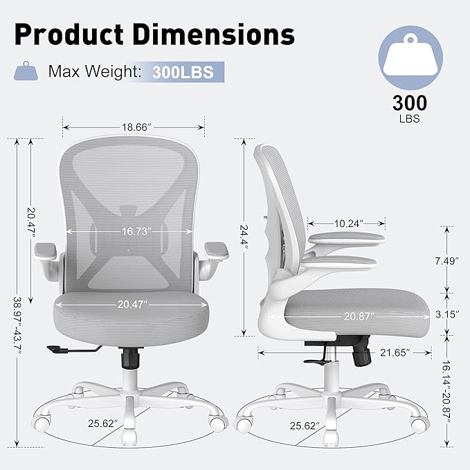 Ergonomic Office Chair Set of 2 with Adjustable Lumbar Support, Mesh Home Office Desk Chair with Wheels and Flip-up Arms, Grey