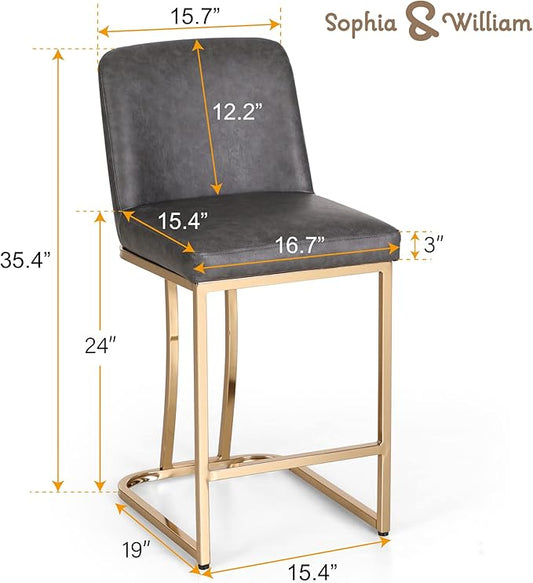 Sophia & William Counter Height Bar Stools Set of 2, 24" Bar Stools with Back for Kitchen Counter, Modern PU Leather Kitchen Counter Stools,Grey Gold