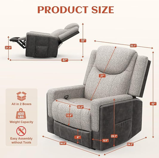 Oversize Manual Recliner Chair for Adults, Extra Wide Single Reclining Sofa Chair with Ergonomic, FSC Certified, Grey Linen-Blend & Chocolate Leather Scandinavian Chic for Living Room, RV