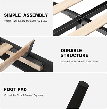 King Size Bed Frame with Fabric Upholstered Headboard, Platform Bed with Wooden Slats Support, Fully Mattress Foundation, Box Spring Optional, Easy Assembly