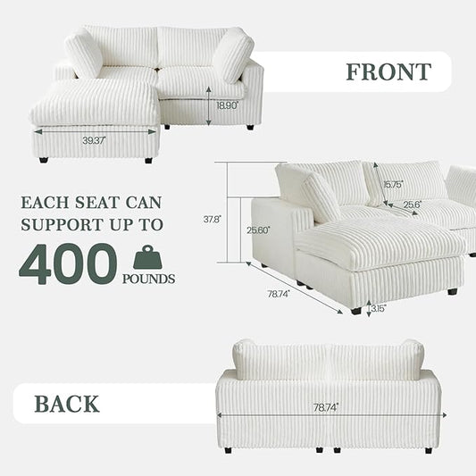Modular Sectional Sofa, L Shaped Sofa with Ottoman, 78.74" Oversized Loveseat, Plush Deep Seat Sleeper Couches for Living Room, Apartment, Couch Cushion Covers Removable, Beige