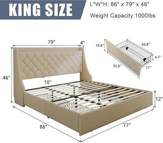 King Size Upholstered Platform Bed Frame with 4 Storage Drawers and Charging Station, Linen Button Tufted Wingback Headboard, Sturdy Wooden Support Slats, No Box Spring Needed, Beige