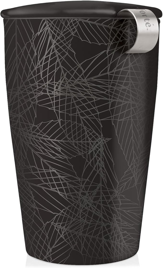 Tea Forte Double-Walled Ceramic Kati Cup, Removable Stainless Steel Infuser Basket and Lid, Steeps 12 oz Loose Leaf Tea, Dishwasher & Microwave Safe, Noir