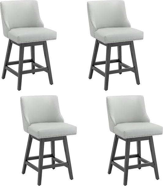 Bar Stools Set of 4, PU Leather Barstools, 26 Inch Upholstered Counter Stools with 13.8" High Back and Footrest, Swivel Counter Height Barstools for Kitchen Island Home Bar Light Gray