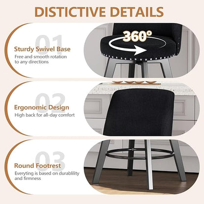 MINCETA Bar Stools Set of 4, 26 Inch Upholstered Barstools with High Back and Footrest, Swivel Counter Height Barstools for Kitchen Island Home Bar Black