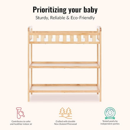 Dream On Me Emily Changing Table, Compact and Portable, Solid New Zealand Pinewood, Safety Rails, Two Storage Shelves, Includes Water-Resistant 1" Changing Pad — Natural