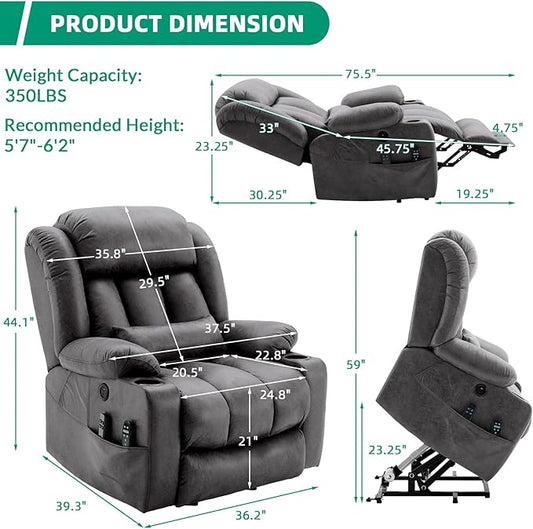 VIVIJASON Tall Man Dual Motor Power Lift Recliner Chair with Extended Footrest, Oversized Lay Flat Sleeper Electric Recliner W/Heat & Massage, Lumbar Pillow, USB & Type-C Ports, Infinite Position