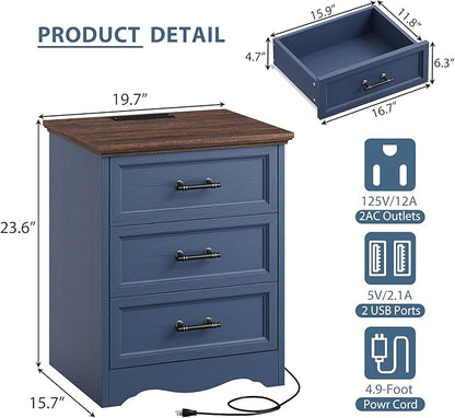 Blue Nightstand with Charging Station, 19.7" Farmhouse End Table with 3 Drawers Storage, Bedside Table with Brushed Metal Handles, Unique Base Design, 3 Drawer Dresser for Bedroom, Living Room