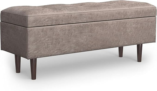 SIMPLIHOME Shay 48 inch Wide Mid Century Modern Rectangular Storage Ottoman in Distressed Grey Taupe Vegan Faux Leather, Assembled, for The Living Room, Entryway and Family Room
