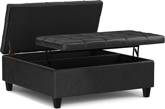 SIMPLIHOME Harrison Large Coffee Table Storage Ottoman - 40 inch Wide Upholstered Vegan Leather Square Lift-Top Ottoman in Distressed Black, Transitional Bench for Living Room with Sturdy Base