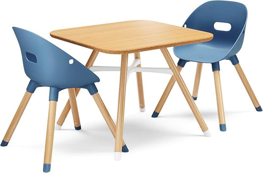 Lalo The Play Kit - Kids Table & Chairs Set with Sustainably Sourced Wood Table & 2 Non-Toxic Bucket Seat Chairs - Safe & Comfortable - Natural/Blueberry