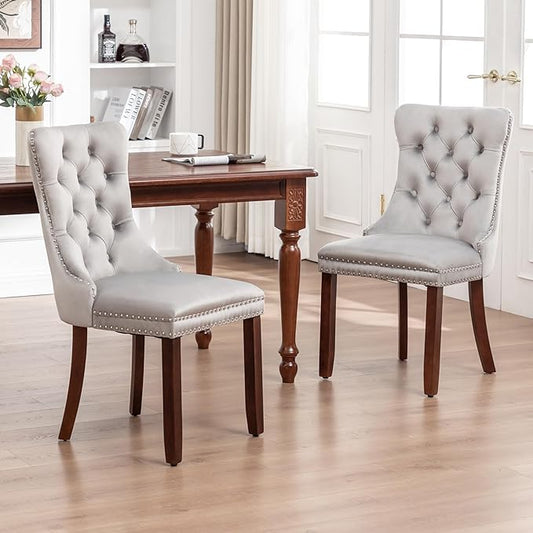 Velvet Dining Chairs Set of 6, Tufted Dining Room Chairs with Nailhead Ring Pull Trim, Upholstered Dining Chairs with Solid Wood Legs for Kitchen Dining Room (Light Grey)