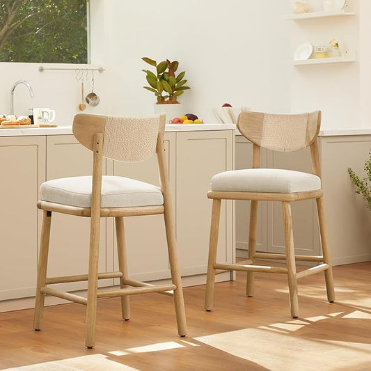 Watson & Whitely Boho Counter Height Bar Stools Set of 2, 27” Modern Upholstered Bar Stools with Natural Woven Rope Back and Solid Wood Frame for Kitchen Island, Home Bar, Fabric in Linen
